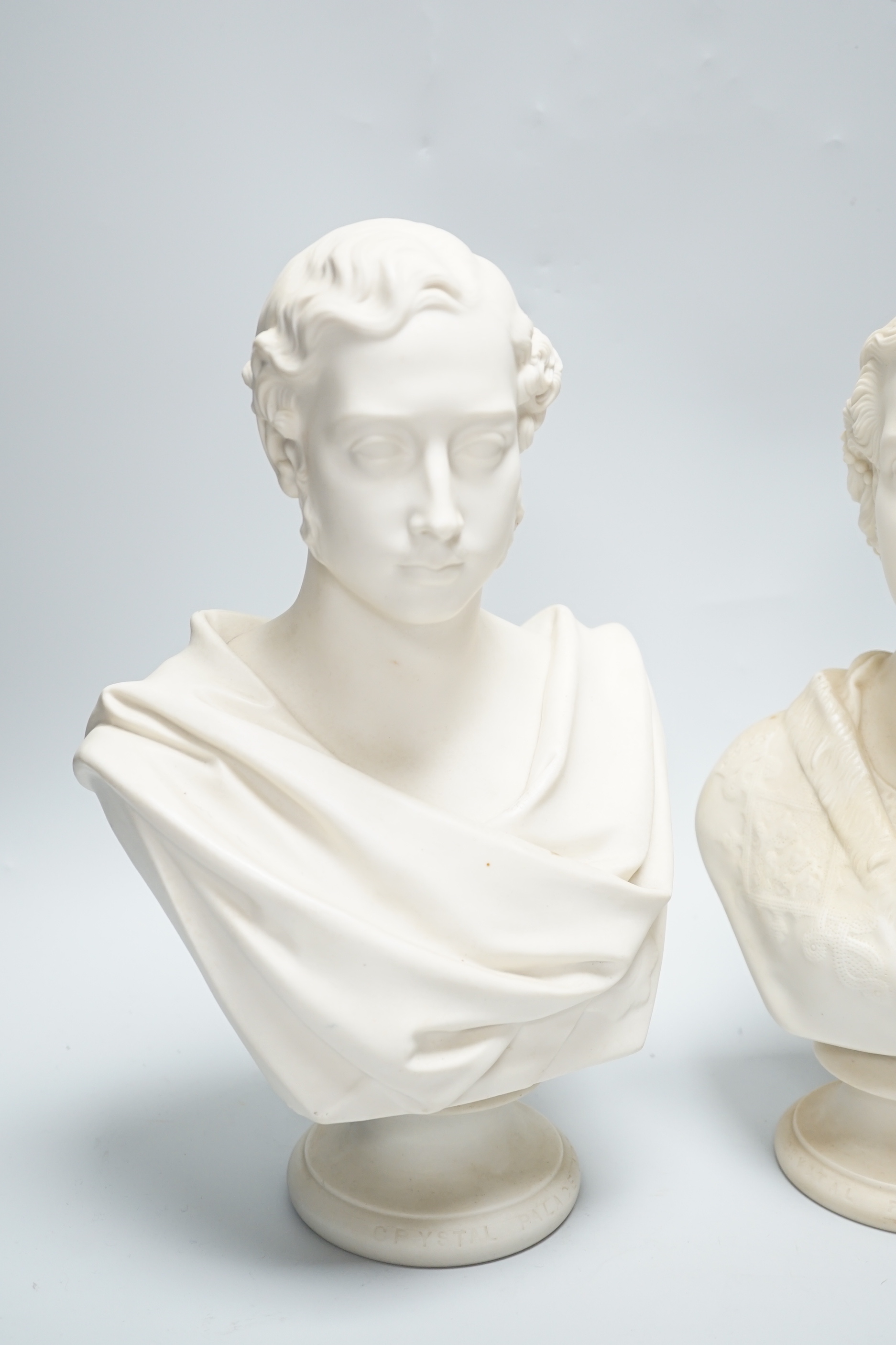 Two Copeland Parian busts, Prince of Wales and Princess Alexandra, Crystal Palace Art Union 1863, one a copy of a Marshall Wood sculpture, highest 31.5cm